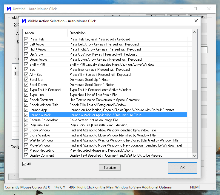 Screenshot displaying Windows Automation Actions along with their decsription